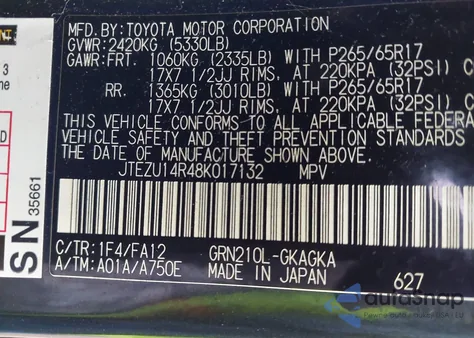 2008 Toyota 4Runner Sr5 V6 from USA, damaged, VIN JTEZU14R48K017132